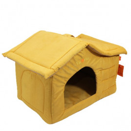 Çatılı Kedi ve Köpek Evi Sarı Kadife İç Mekan